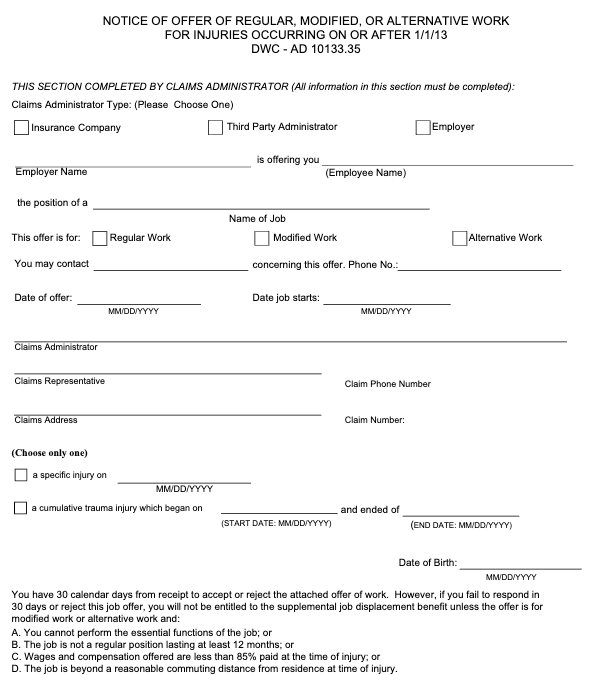 DWC-AD 10133.35 – Notice of Offer of Regular, Modified, or Alternative Work
