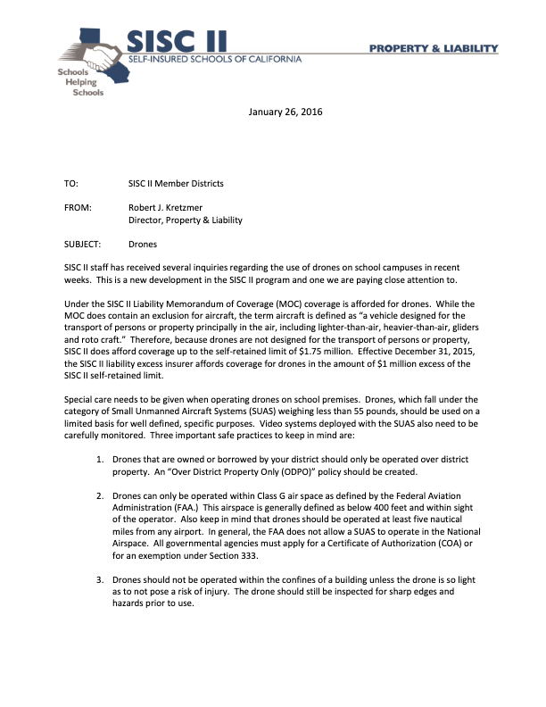 A structured document titled 'Drones Policy & Safety Guidelines,' detailing school district policies for drone operations, FAA compliance, and safety protocols for educational and operational use.