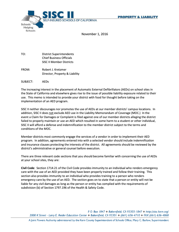 A structured document titled 'AED Policy & Liability Memo,' providing school districts with guidance on the legal, maintenance, and training considerations for implementing Automated External Defibrillators on campuses.