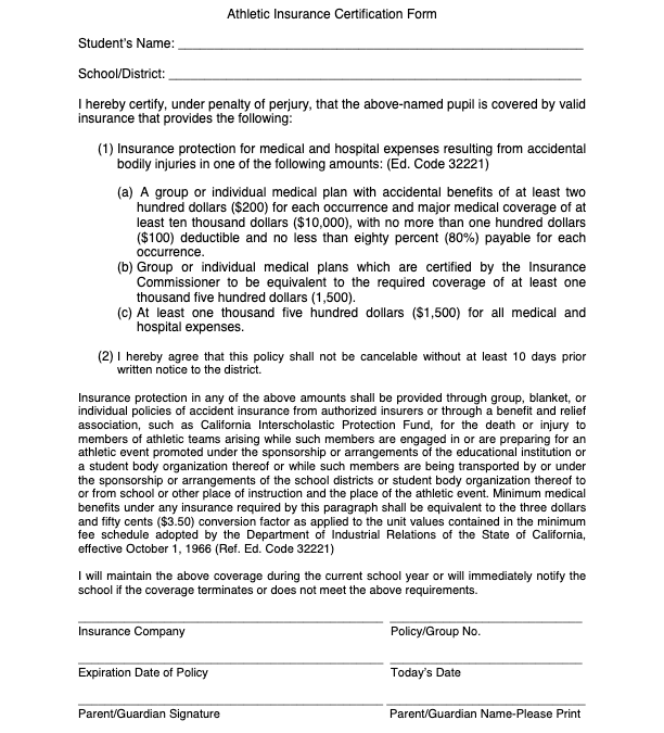 Athletic Insurance Certification Form