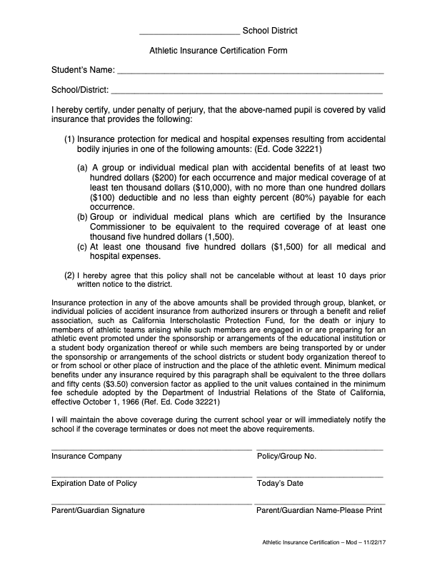 A structured form titled 'Athletic Insurance Certification Form,' including fields for student information, insurance policy details, coverage verification, and parent/guardian signatures.