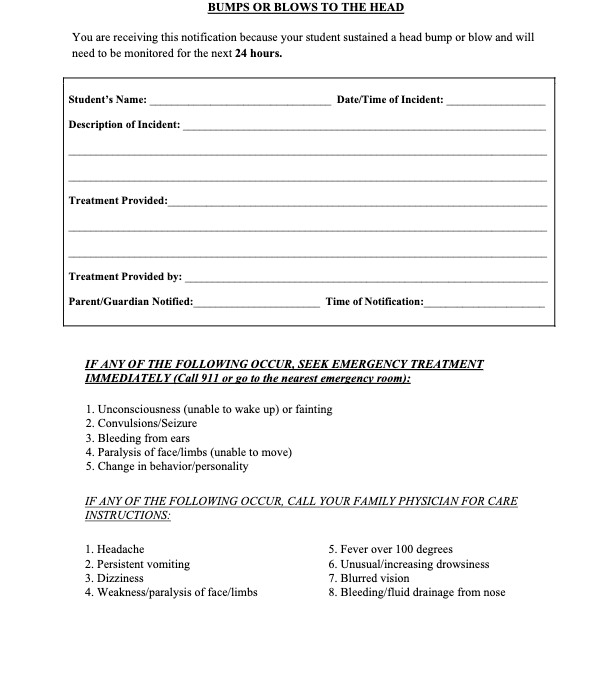 Bumps or Blows to the Head Notification Form