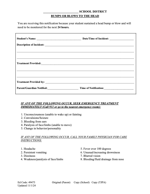A structured form titled 'Bumps or Blows to the Head Notification,' including sections for student details, incident description, treatment provided, and emergency symptoms requiring medical attention.