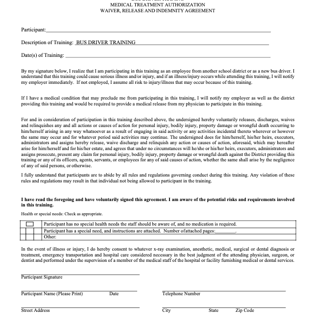 Bus Driver Training Participant Form