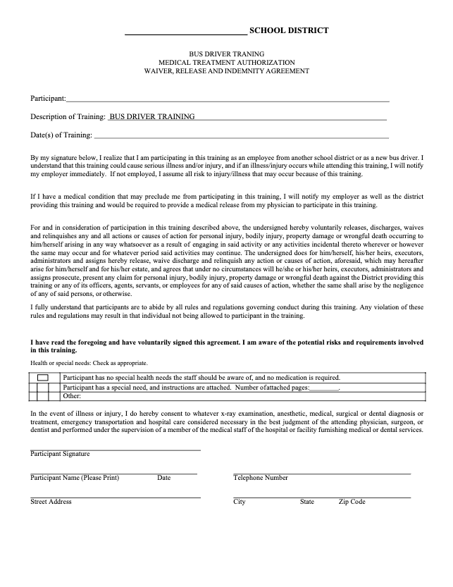 A structured form titled 'Bus Driver Training Participant Form,' including fields for participant information, medical authorization, waiver agreement, and training acknowledgments. The form is designed for individuals enrolling in school bus driver training programs.