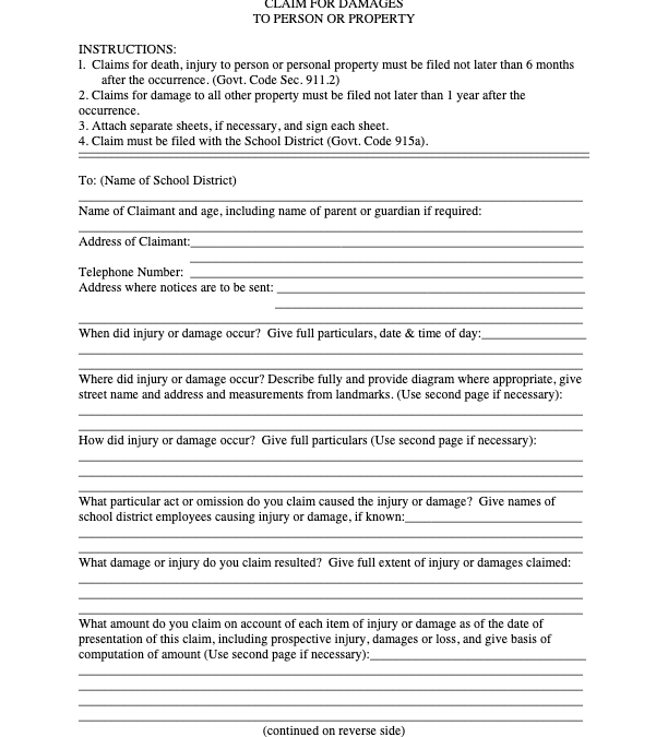 Claim for Damages to Person or Property