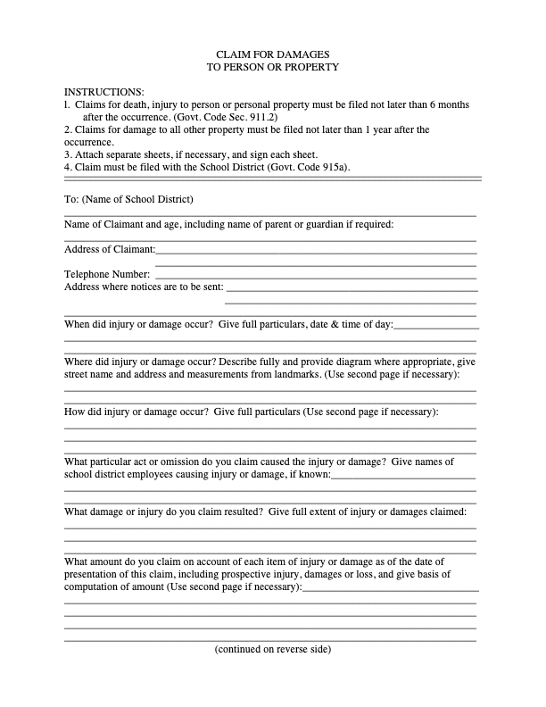 A structured form titled 'Claim for Damages to Person or Property,' including sections for claimant details, incident description, damages claimed, witness information, and legal declarations.