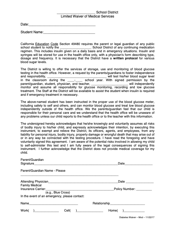 A structured form titled 'Diabetes Waiver of Medical Services,' outlining parental consent, physician approval, and student responsibility for independent blood glucose monitoring at school.