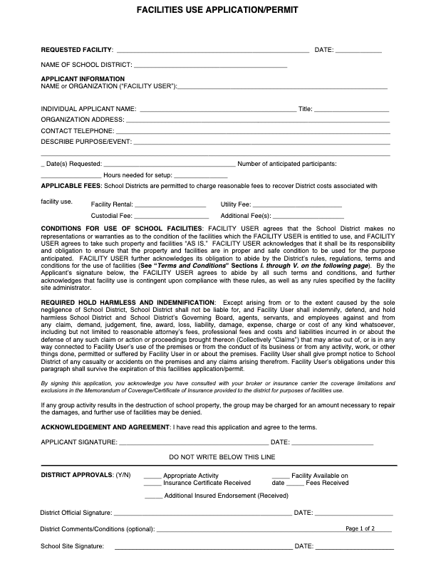 A structured form titled 'Facilities Use Application & Permit,' including sections for applicant information, requested facility details, event purpose, insurance requirements, and district terms and conditions. Designed for organizations or individuals requesting use of school district facilities.