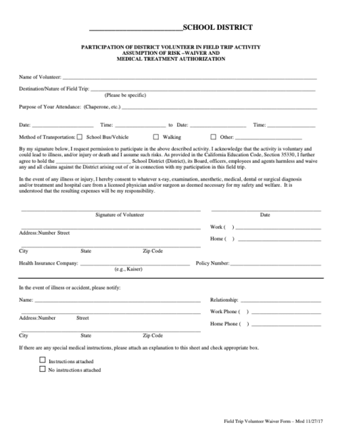 Jpa Form R001 Field Trip Volunteer Waiver & Medical Authorization | Tuolumne JPA
