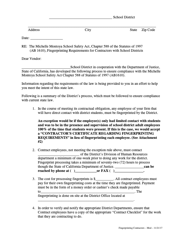 A structured form titled 'Fingerprinting Requirements for Contractors,' detailing school district compliance with AB 1610. The form outlines fingerprinting procedures, exceptions, and processing costs for contract employees working with students.