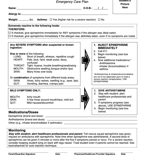 Food Allergy Action Plan & Emergency Care Guide