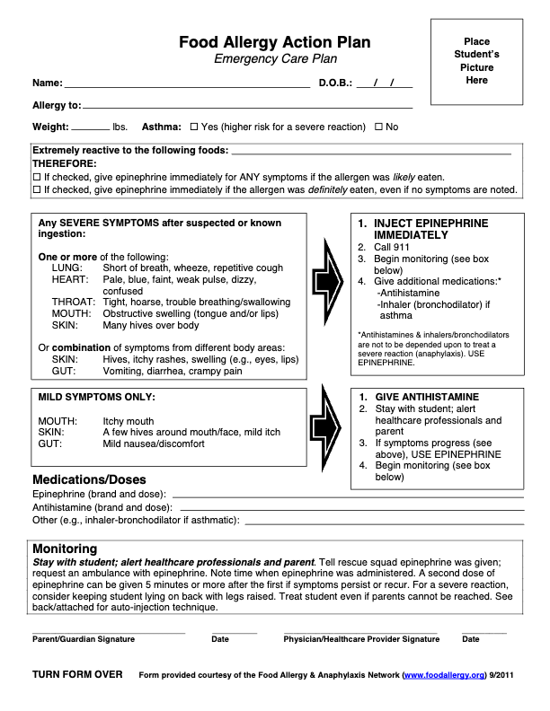 A structured form titled 'Food Allergy Action Plan,' detailing emergency care steps for students with severe food allergies, including symptom monitoring, epinephrine administration, and emergency contact information.