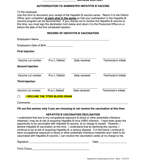 Authorization to Administer Hepatitis B Vaccine