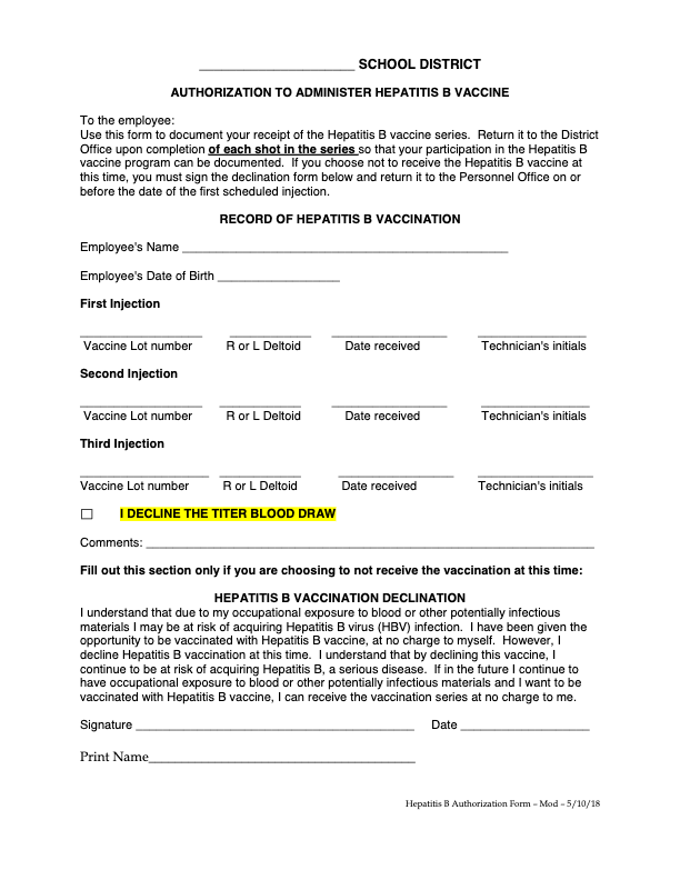 A structured form titled 'Authorization to Administer Hepatitis B Vaccine,' featuring sections for employee vaccination records, injection details, technician initials, and a declination option for those opting out of the vaccine.