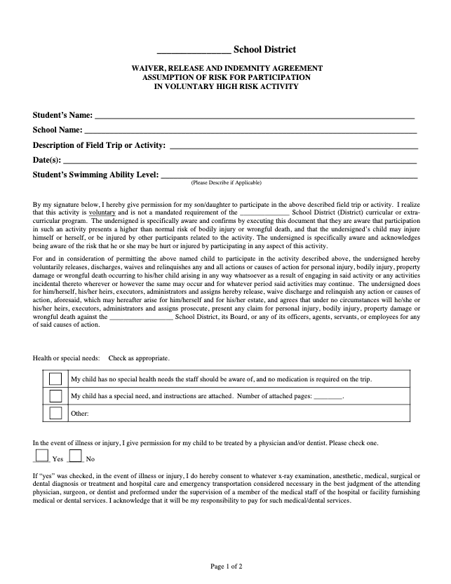 A structured document titled 'High-Risk Activity Waiver & Release Form,' including sections for student information, activity details, assumption of risk acknowledgment, waiver of liability, and emergency medical consent.