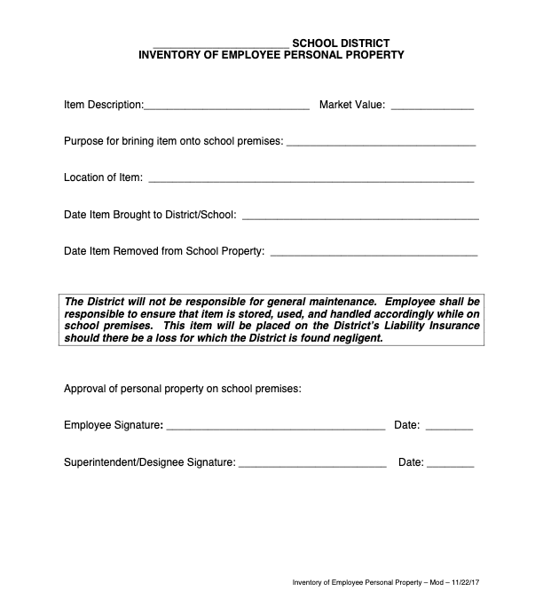 Inventory of Employee Personal Property
