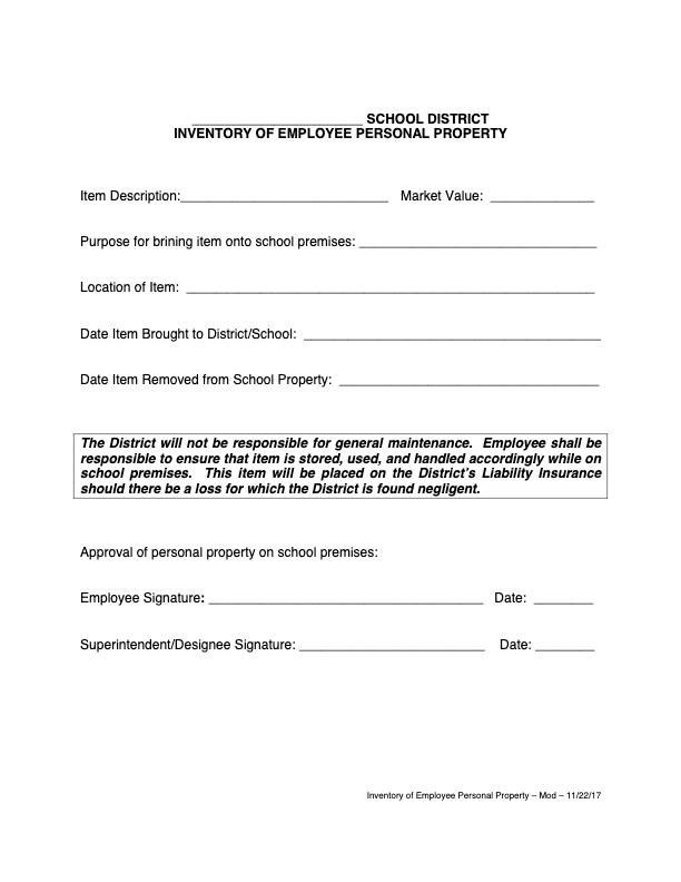 A structured form titled 'Inventory of Employee Personal Property,' including fields for item descriptions, market value, location, and approval signatures. Used for documenting employee-owned items on school premises and potential liability coverage.