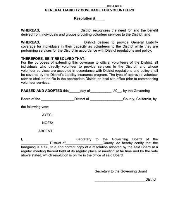 General Liability Coverage Resolution for Volunteers