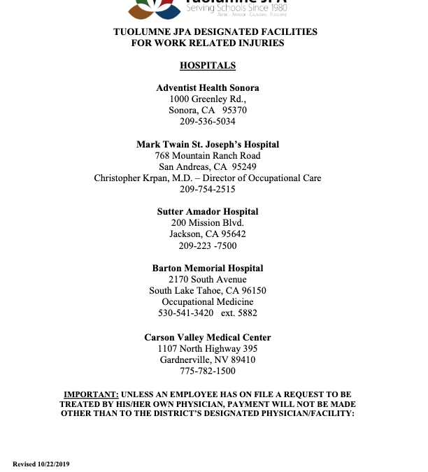 Tuolumne JPA Designated Facilities for Work-Related Injuries