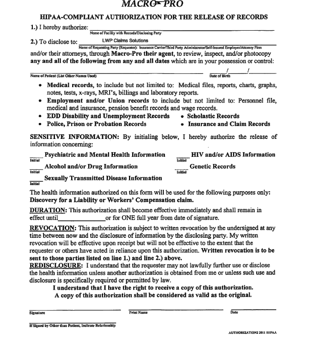 Medical Release Authorization Form