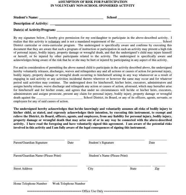 Non-District Sponsored Activity Waiver & Release Form