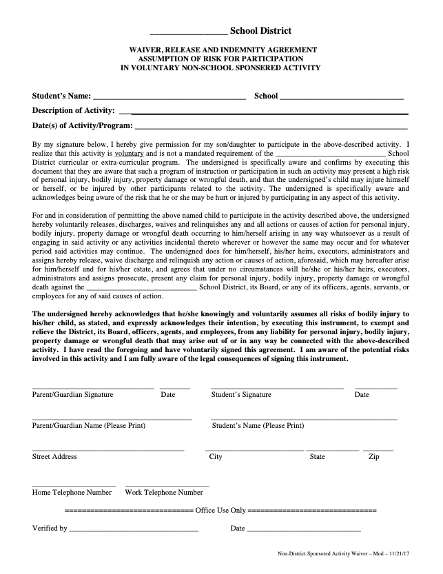 A structured document titled 'Non-District Sponsored Activity Waiver & Release Form,' detailing student information, activity details, assumption of risk, liability waiver, and parent/guardian signatures for voluntary participation in non-school events.