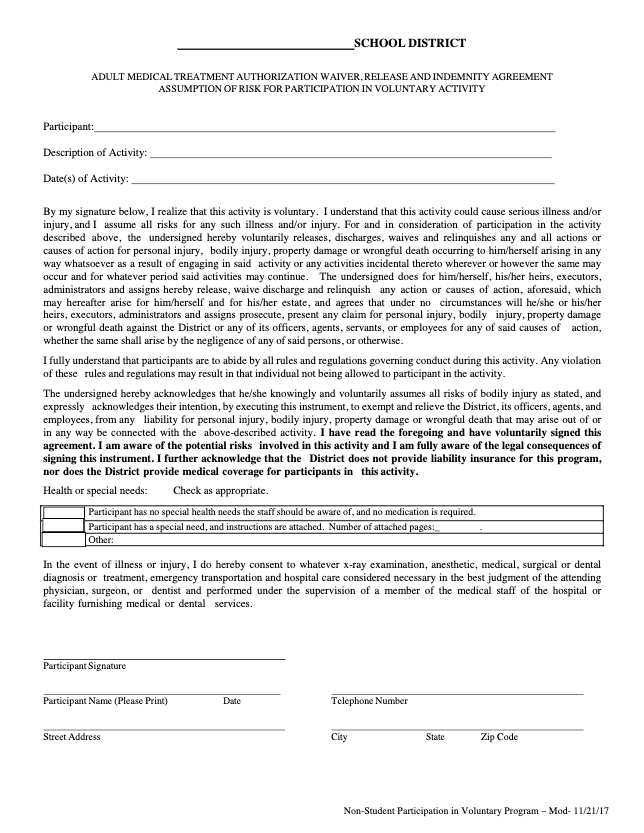 A structured document titled 'Non-Student Participation in Voluntary Program Waiver,' detailing participant information, activity description, liability release, and medical consent for non-student individuals engaging in school-affiliated voluntary activities.