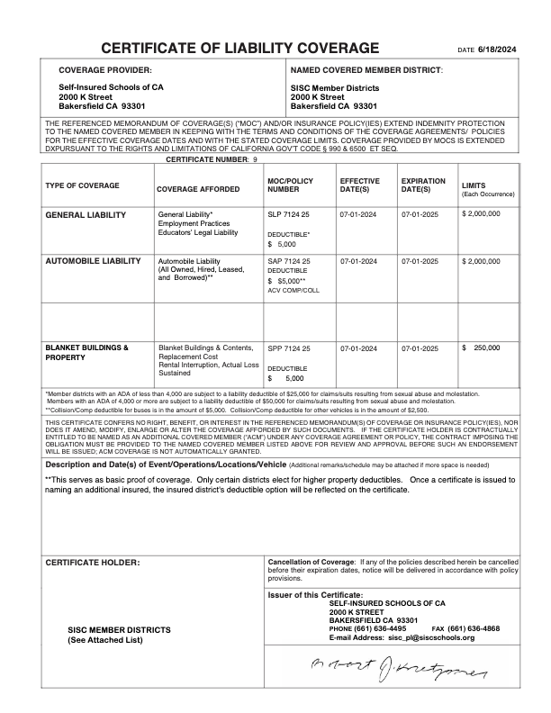 A structured document titled 'Certificate of Liability Coverage,' listing coverage details for general liability, employment practices, automobile liability, and property insurance for SISC member school districts.