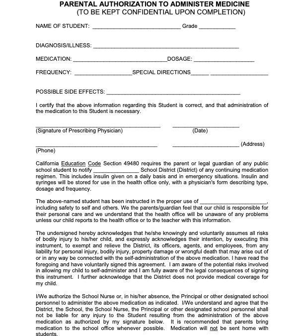 Parental Authorization to Administer Medicine