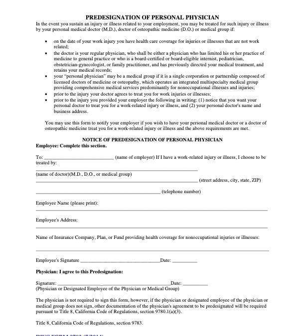 Predesignation of Personal Physician – DWC Form 9783