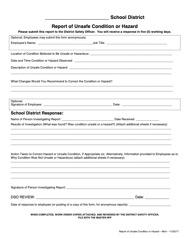 A structured form titled 'Report of Unsafe Condition or Hazard,' including sections for incident details, hazard description, recommended corrective actions, and district investigation results.