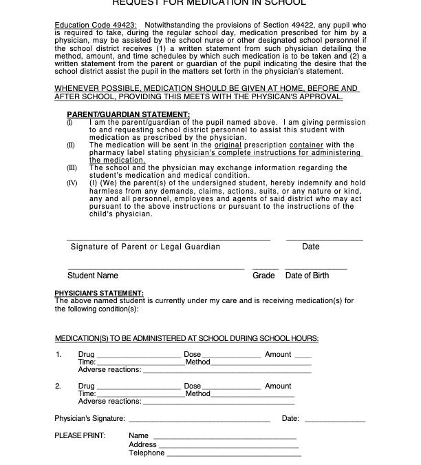 Request for Medication in School – Staff Administered