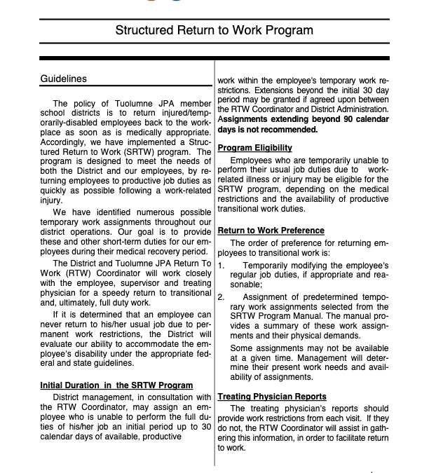 Structured Return to Work (SRTW) Guidelines