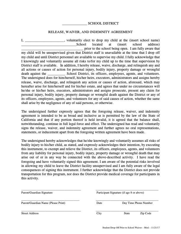 A structured document titled 'Student Drop-Off Prior to School Waiver & Release,' detailing parental acknowledgment of unsupervised early drop-off, liability waiver, and assumption of risk agreement.
