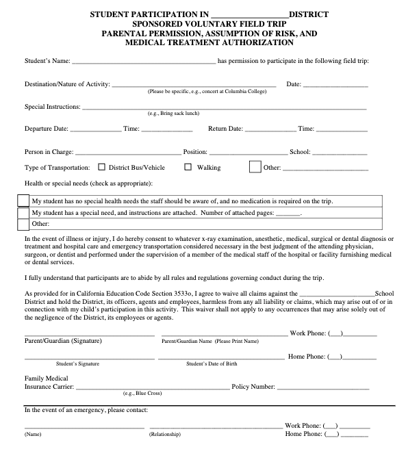 Student Field Trip Permission & Medical Waiver