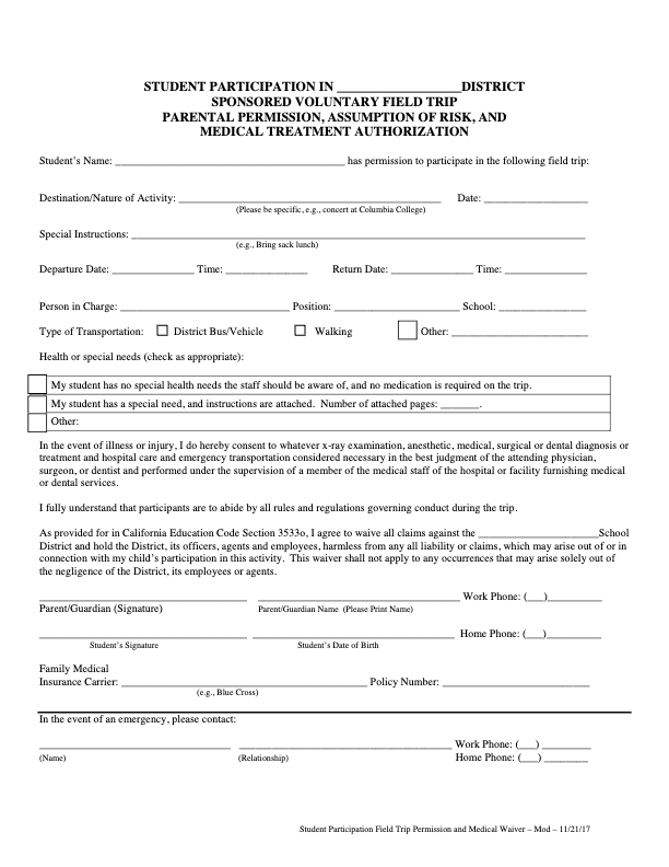 A structured document titled 'Student Field Trip Permission & Medical Waiver,' detailing trip information, student health needs, transportation method, parental consent, and emergency medical authorization.