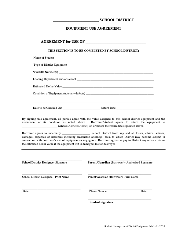 A structured form titled 'Student Use Agreement for District Equipment,' including fields for student name, device type, serial number, loan period, condition assessment, and liability terms for borrowed school property.