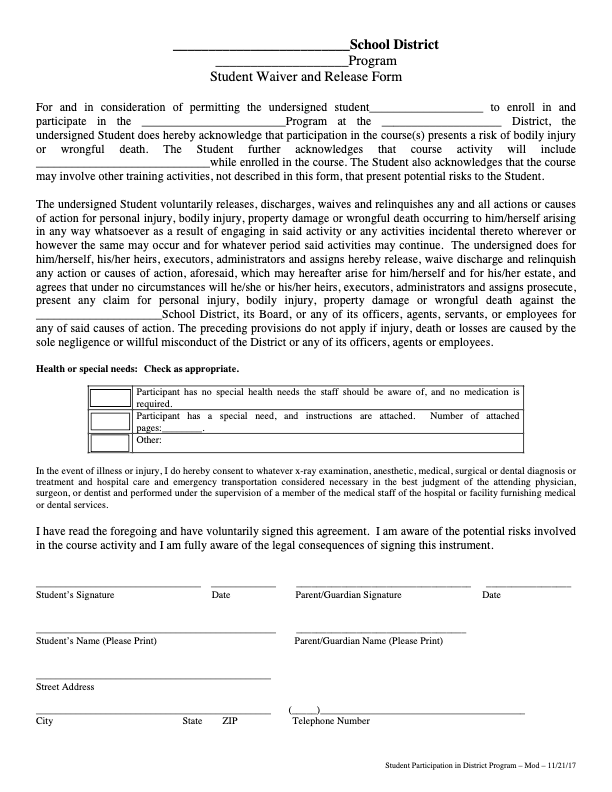 A structured document titled 'Student Participation & Waiver for Special Curriculum Program,' including sections for student details, program description, liability release, assumption of risk, and medical consent authorization.