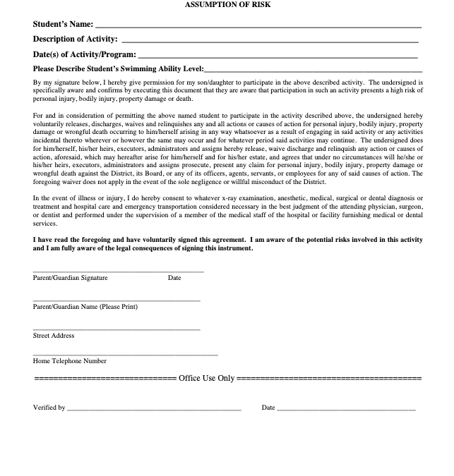 Swim Waiver, Release & Indemnity Agreement