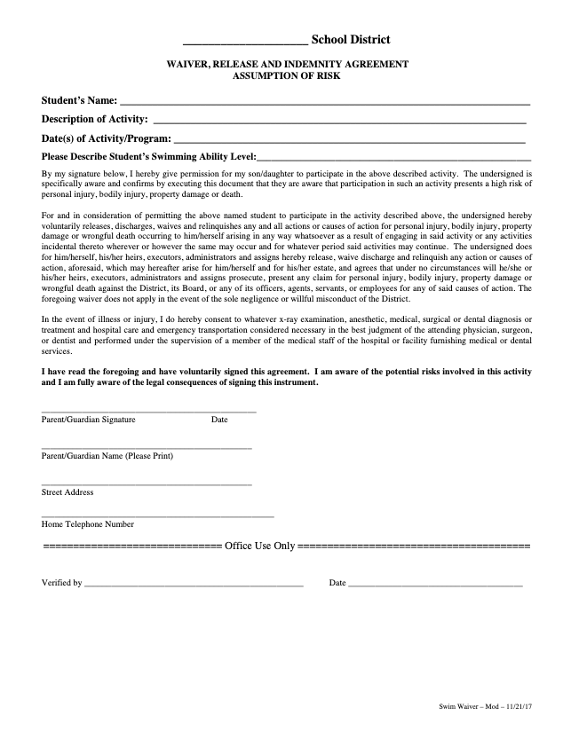 A structured document titled 'Swim Waiver, Release & Indemnity Agreement,' including sections for student details, swimming ability, assumption of risk, liability waiver, and parental consent for emergency medical treatment.