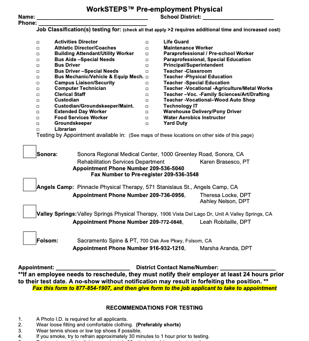 WorkSTEPS™ Pre-Employment Physical Testing Form