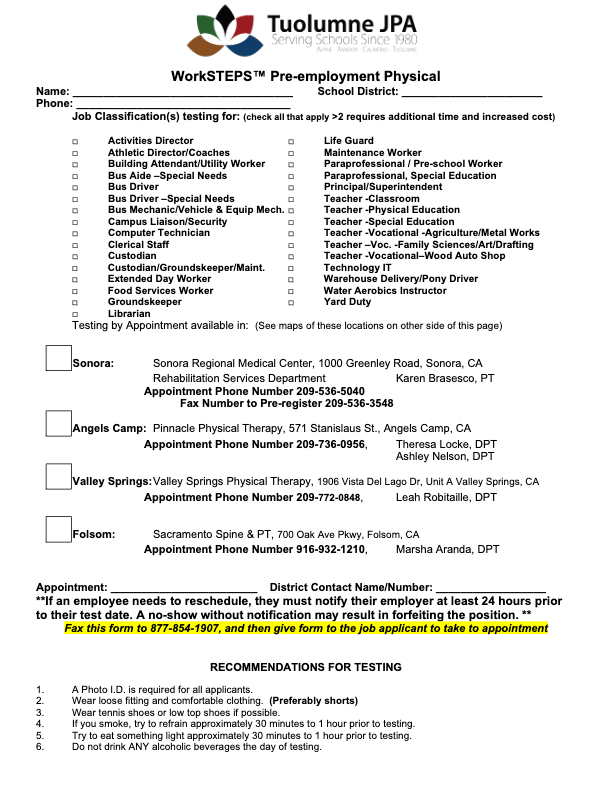 A structured form titled 'Testing by Appointment' for WorkSTEPS™ pre-employment physicals, listing job classifications, testing locations, and appointment instructions for school district applicants.