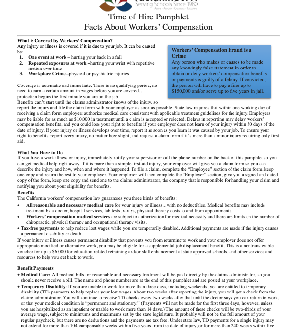 Time of Hire Pamphlet: Facts About Workers’ Compensation