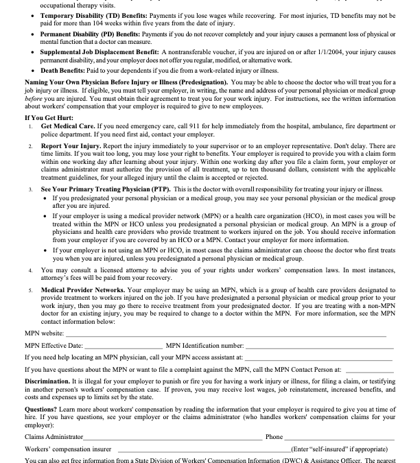 DWC 7 – Notice to Employees: Injuries Caused by Work