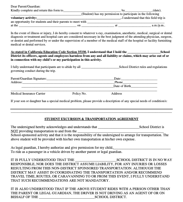 Voluntary Excursion & Field Trip Permission Form