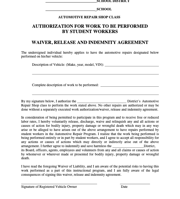 Authorization & Waiver for Vehicle Repairs by Student Workers