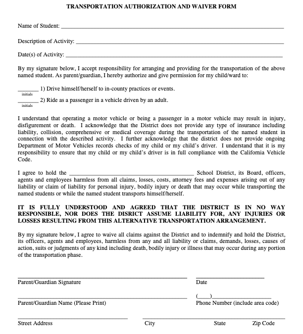 Student Transportation Authorization & Waiver Form