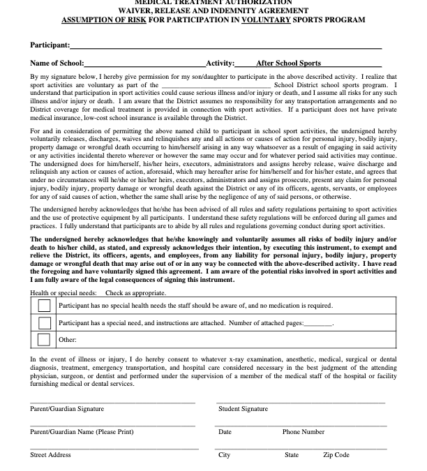 School Sports Participation Waiver & Medical Authorization