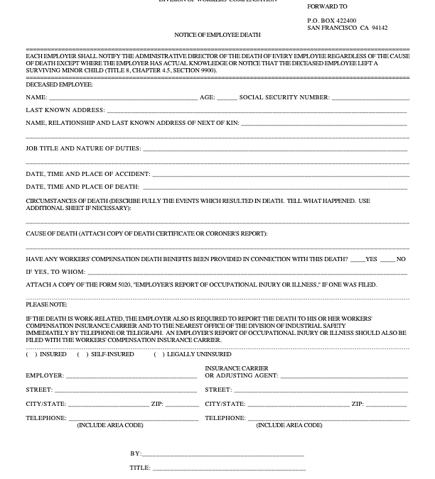 Notice of Employee Death (DIA 510) – California Division of Workers’ Compensation
